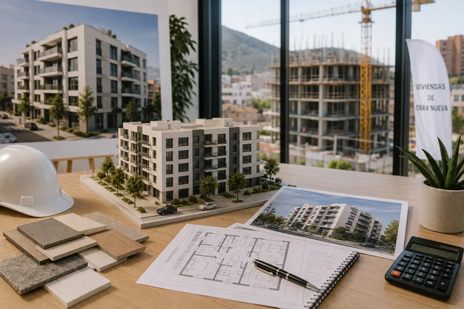 Vivienda de obra nueva en construcción con planos y maqueta residencial